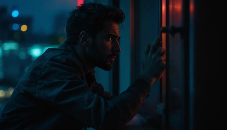Candidat désespéré réfléchissant à ses opportunités perdues près d'une fenêtre, lumière cinématique créant une ambiance émotive.