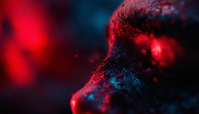 Cicatrice sur un visage sous une lumière dramatique, illustrant les impacts émotionnels du préjudice esthétique permanent.