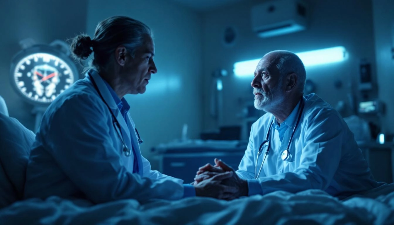 Consultation entre un patient et un docteur sur une maladie liée à l'amiante, ambiance cinématique soulignant la gravité de la situation.