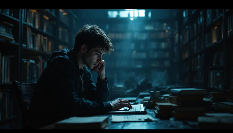 Un étudiant en réflexion dans une bibliothèque, entouré de livres, lumière cinématique soulignant l'émotion de l'instant après un revers académique.