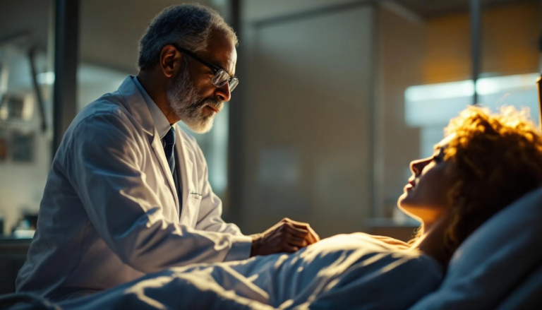 Médecin expert évaluant le déficit fonctionnel d'un patient dans une clinique bien éclairée, lumière dramatique soulignant le sérieux de l'évaluation.