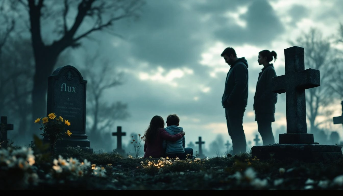 Famille en deuil au cimetière, atmosphère émotionnelle avec éclairage dramatique, fleurs et pierre tombale bien entretenue.