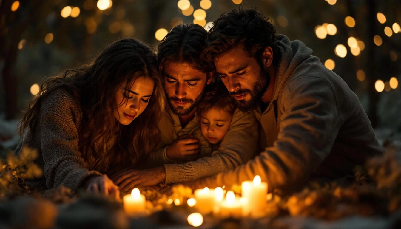 Famille en deuil réunie autour d'un mémorial, lumière douce et ambiance émotive dans un décor moderne.