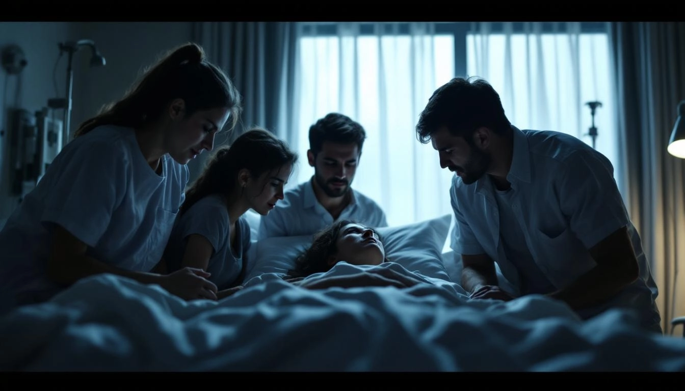 Une famille en deuil entourant un lit d'hôpital, illustrant leur détresse émotionnelle après un accident, avec une lumière dramatique accentuant leur chagrin.