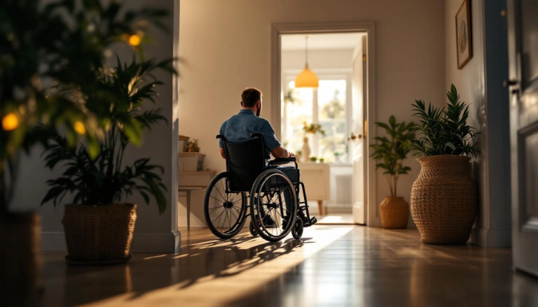 Visuel d'une maison adaptée pour une personne en fauteuil roulant, illustrant des aménagements accessibles, lumière cinématique mettant en valeur le design fonctionnel.