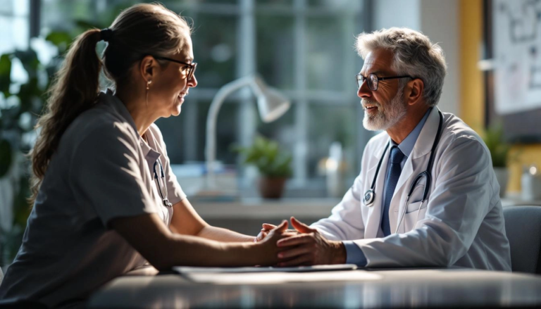 Médecin expliquant les changements dans les soins de santé à un patient dans un cadre clinique lumineux, ambiance de soutien et d'espoir.
