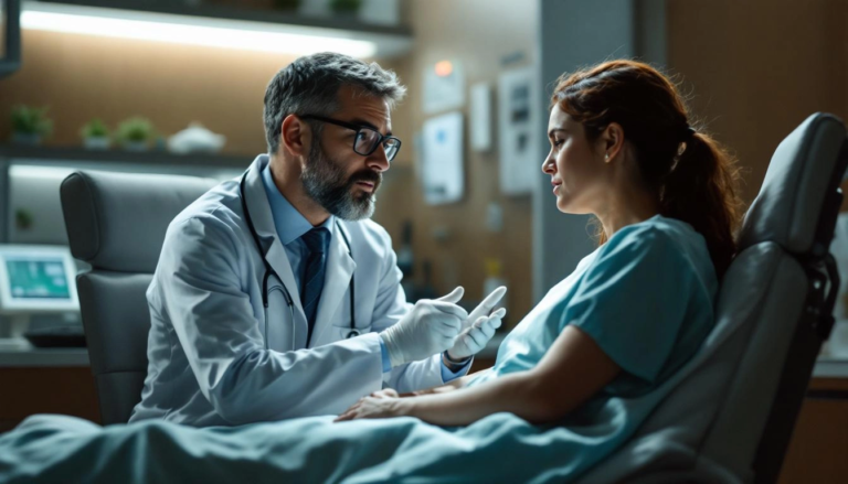 Médecin examinant un patient dans un cabinet médical moderne, lumière soulignant l'importance de l'évaluation des préjudices permanents.