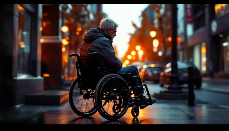 Personne handicapée dans un véhicule adapté, mettant en avant les fonctionnalités accessibles, dans un cadre urbain moderne et éclairage dramatique.