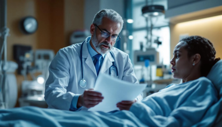 Un professionnel de santé examine des documents médicaux avec un patient inquiet dans une chambre d'hôpital bien éclairée.