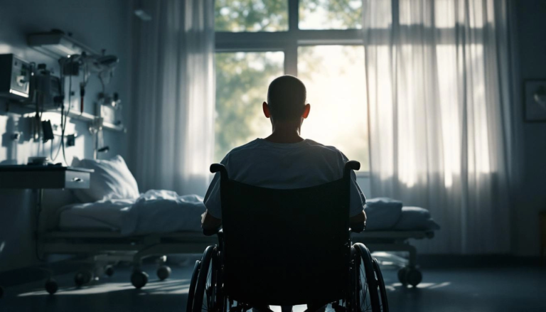 Victime en fauteuil roulant dans une salle d'hôpital, réfléchissant à son avenir, lumière douce véhiculant un message d'espoir et de résilience.
