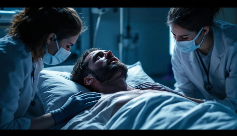 Victime d'accident alitée à l'hôpital recevant des soins, avec une ambiance lumineuse dramatique soulignant la tension émotionnelle.