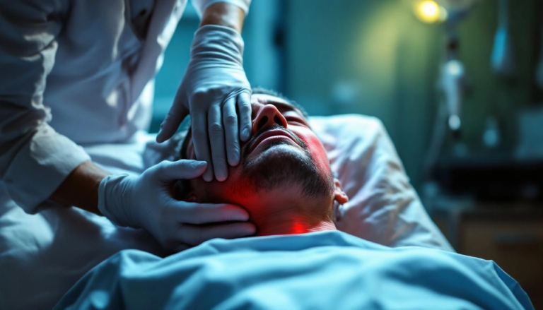 Victime ressentant de la douleur lors d'un examen à l'hôpital, éclairage dramatique mettant en avant son expression de souffrance.