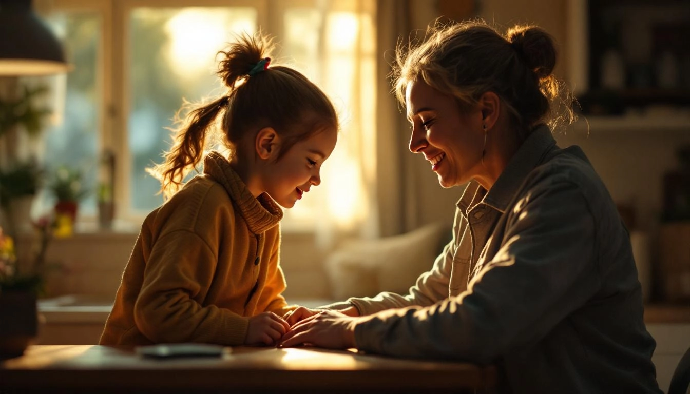 Aidant familial soutenant un enfant handicapé chez eux, ambiance chaleureuse et lumière cinématique mettant en valeur leur lien.