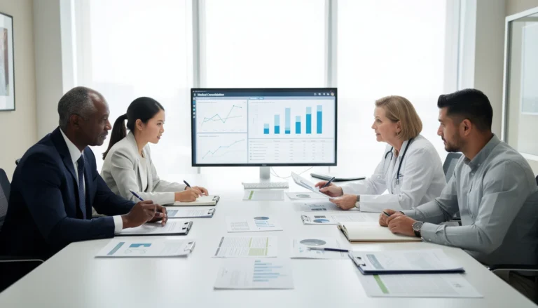 Groupe de personnes diversifié discutant de la consolidation médicale pour indemnisation des préjudices corporels.