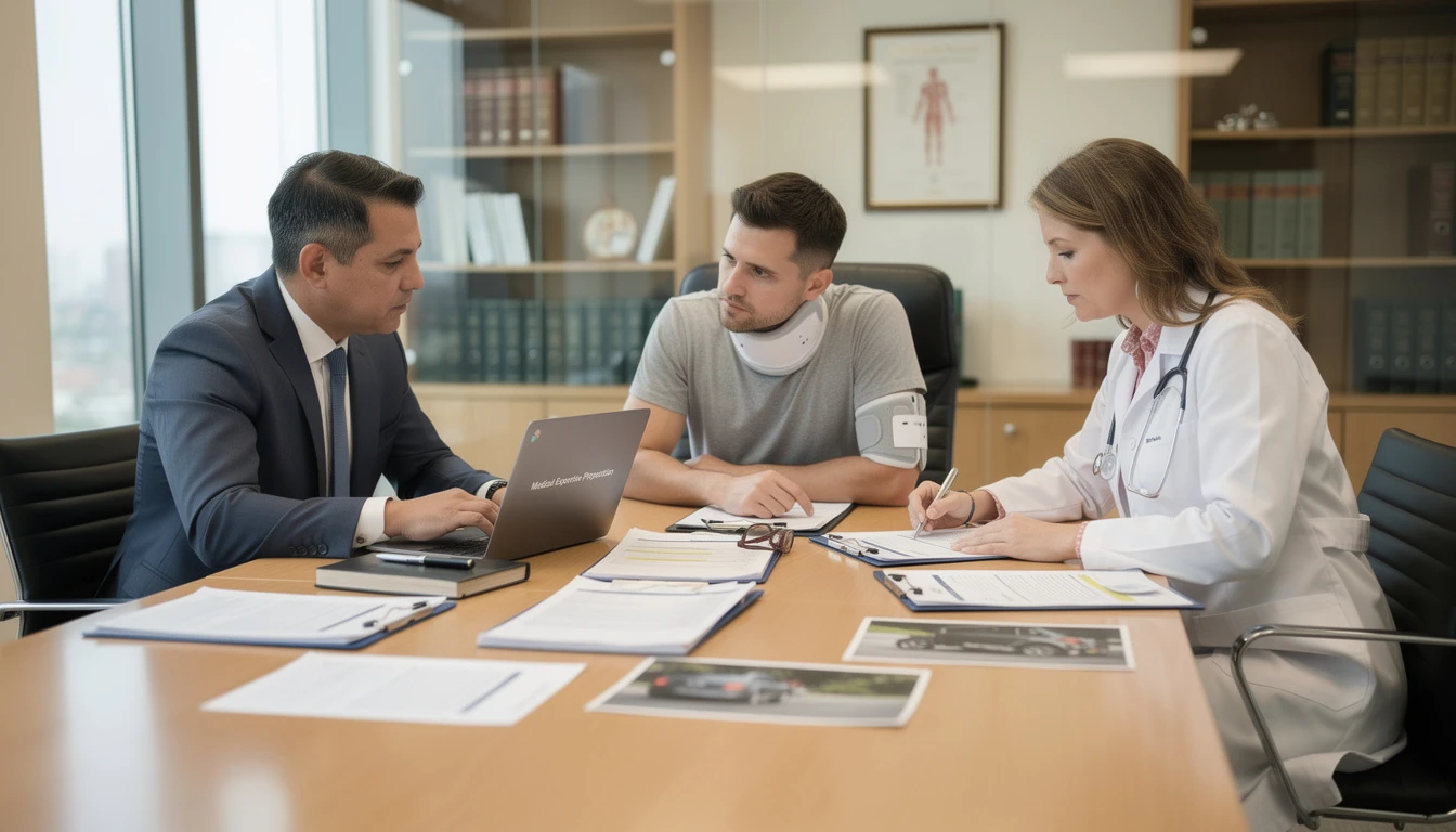 Victime se préparant pour une expertise médicale avec un avocat et un médecin-conseil