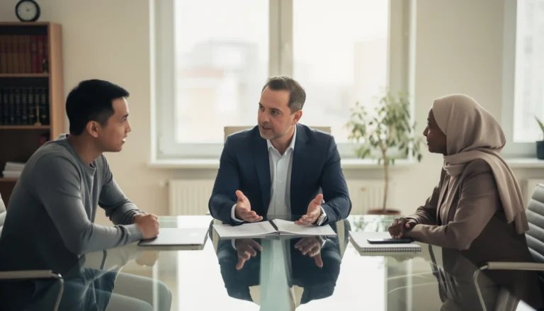 Avocat expliquant l'indemnisation des préjudices exceptionnels à un homme asiatique et une femme marocaine