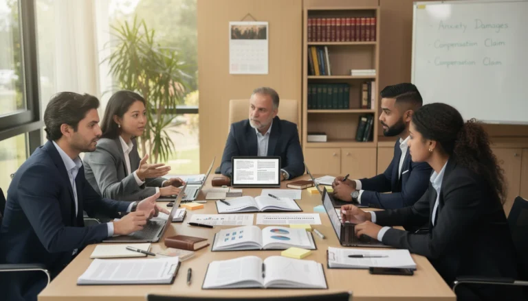 Groupe d'employés divers discutant des droits juridiques liés au préjudice d'anxiété