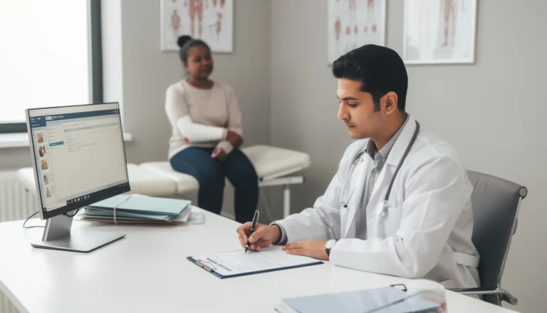 Médecin rédigeant un certificat médical initial suite à un accident