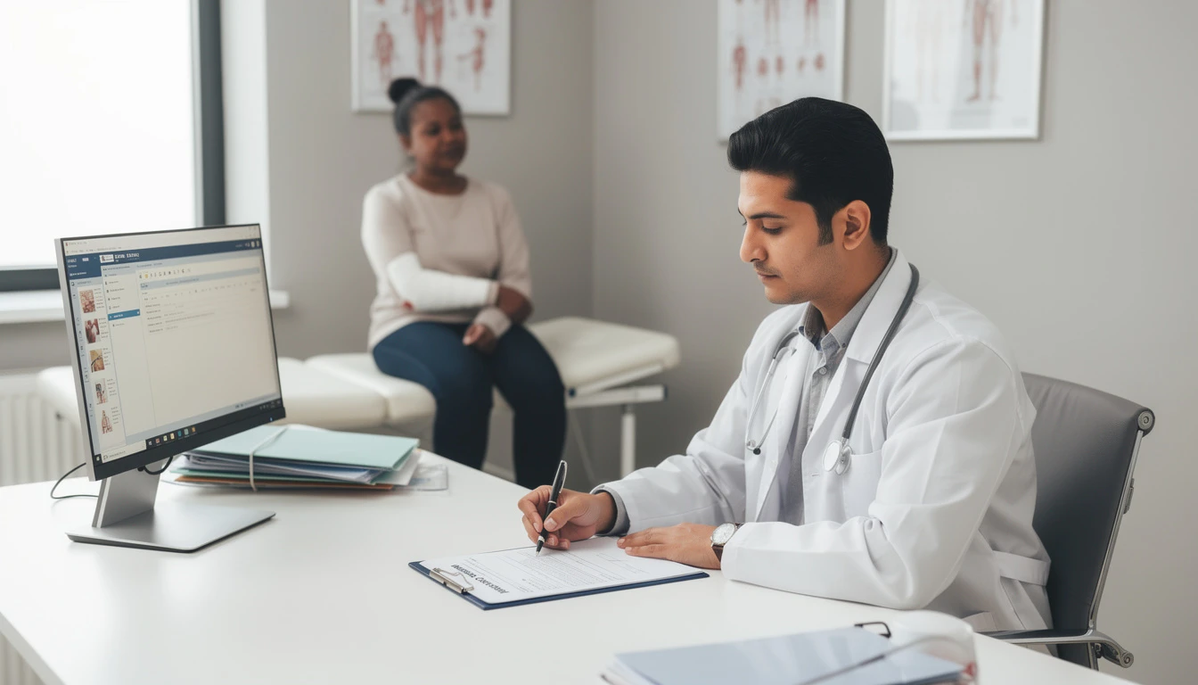 Médecin rédigeant un certificat médical initial suite à un accident