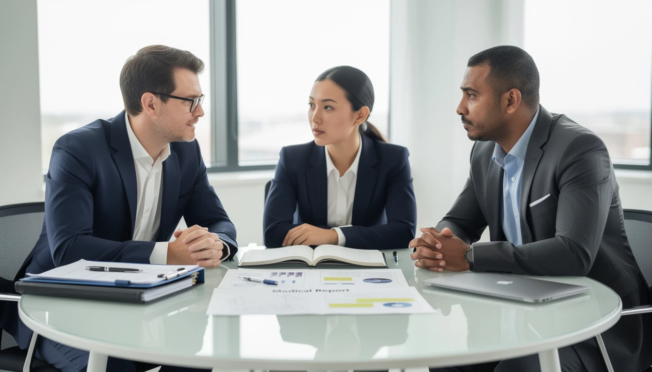 Professionnels en consultation pour une expertise médicale, représentation de justice et vérité.