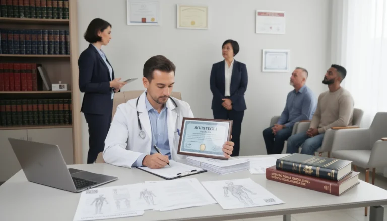 Médecin expert évaluant un dossier médical pour indemnisation suite à un dommage corporel.