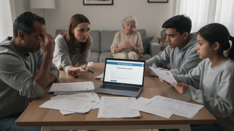 Famille diverse débattant sur une indemnisation de préjudice corporel