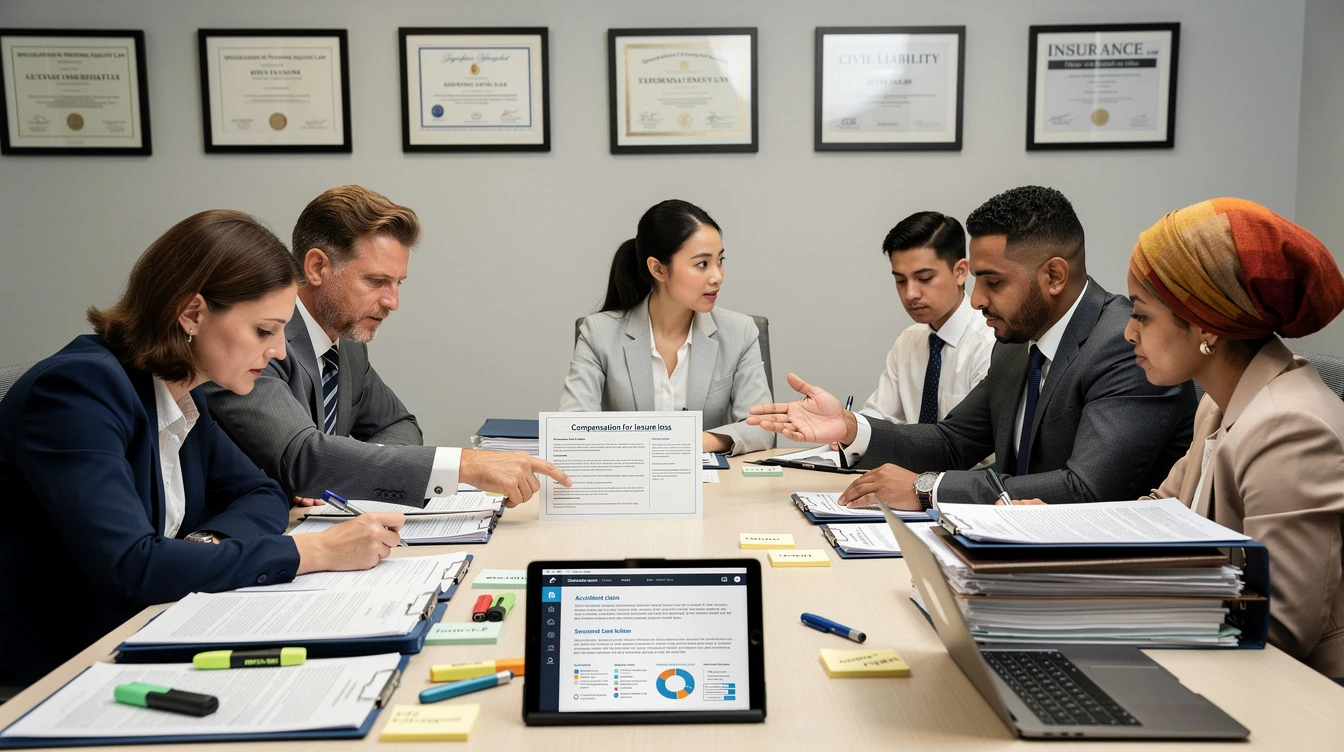 Avocats diversifés discutant d'un cas de préjudice d'agrément dans un cabinet moderne.