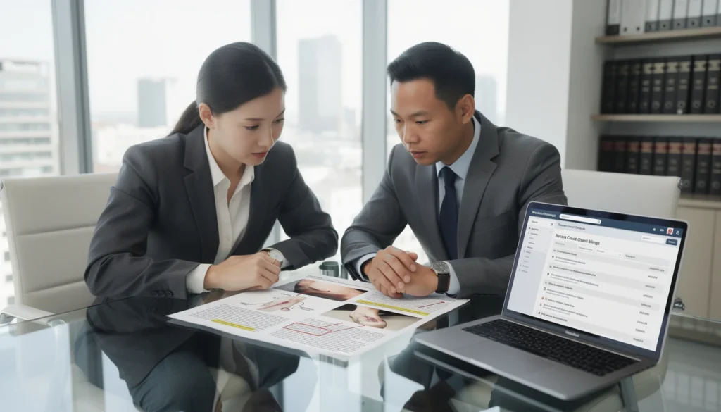 Avocats discutant des cicatrices visibles sur un rapport médical pour une affaire de préjudice esthétique