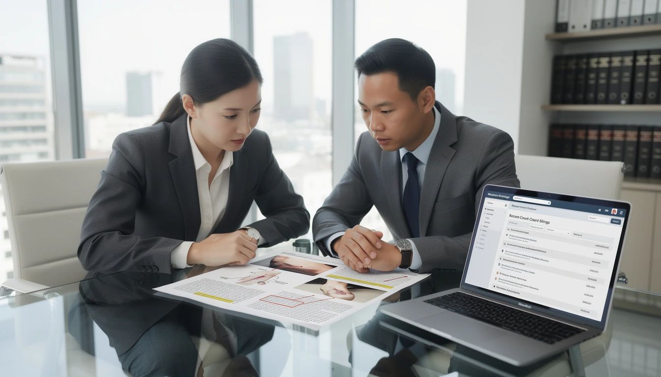Avocats discutant des cicatrices visibles sur un rapport médical pour une affaire de préjudice esthétique