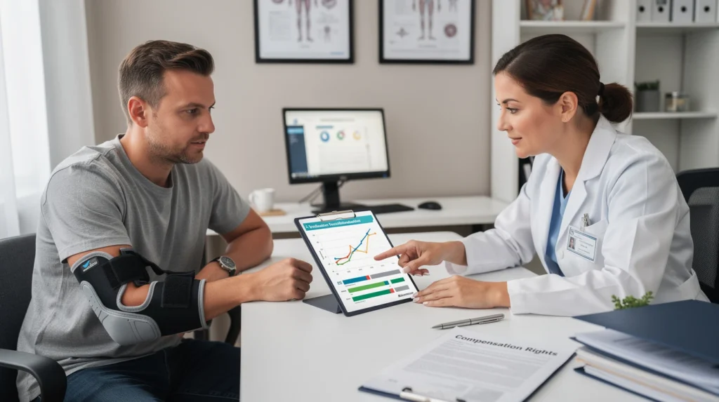Spécialiste médical discutant de la consolidation médicale et de l'indemnisation des préjudices corporels avec un patient