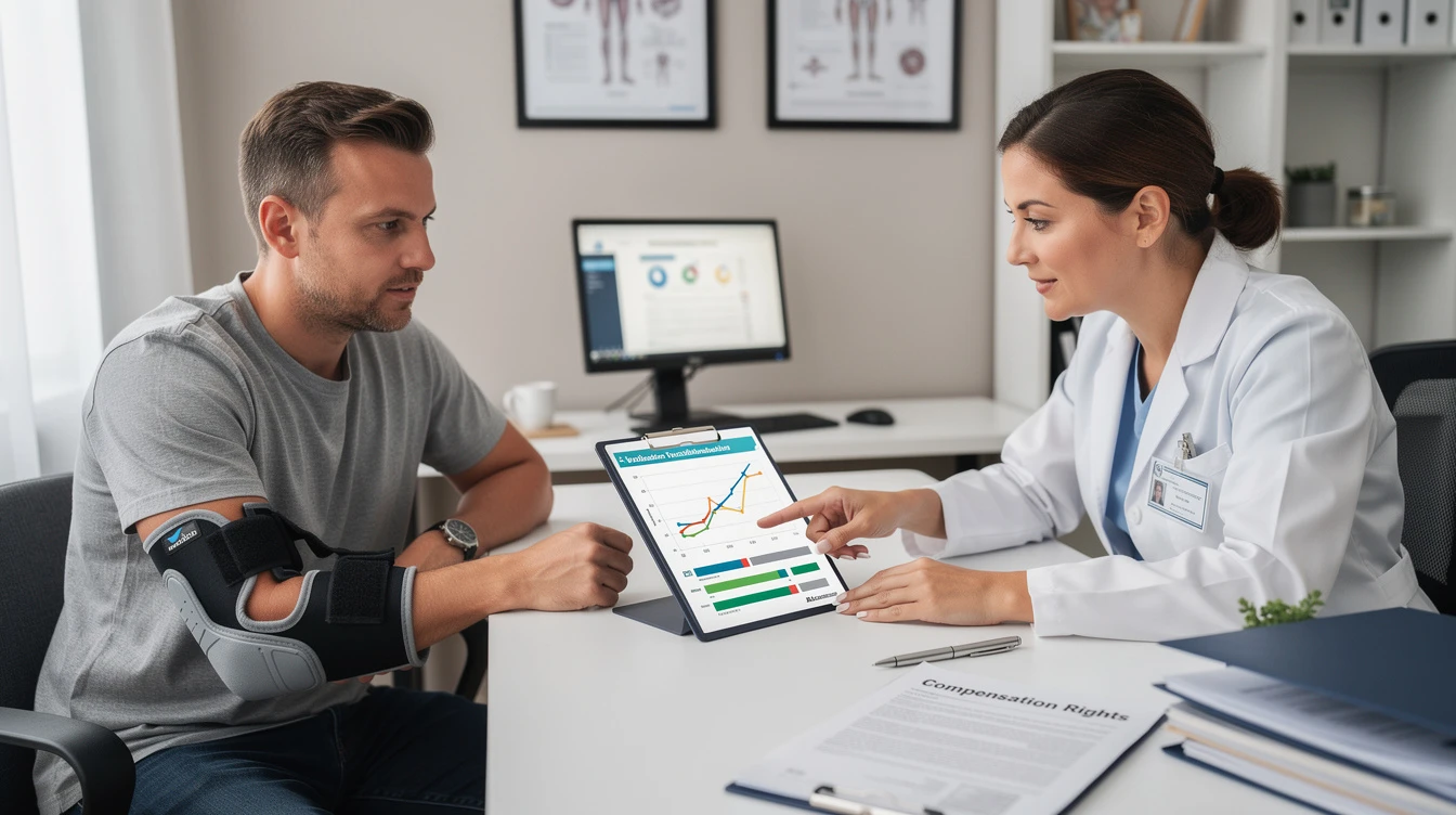 Spécialiste médical discutant de la consolidation médicale et de l'indemnisation des préjudices corporels avec un patient