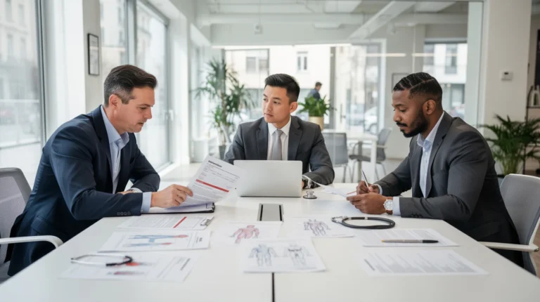 Avocats de différentes origines discutant d'un rapport d'expertise médicale dans un bureau.