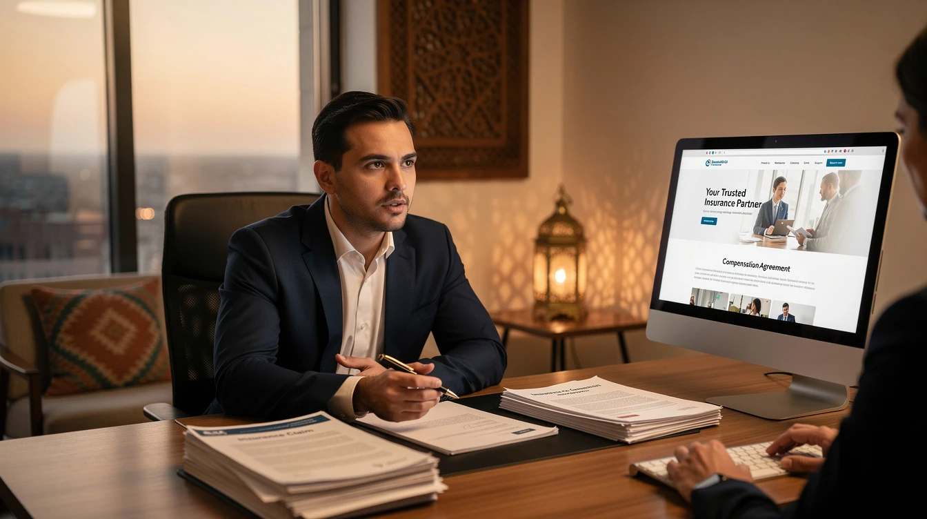 Avocat européen discutant des réclamations d'assurance dans le bureau moderne avec une décoration marocaine.